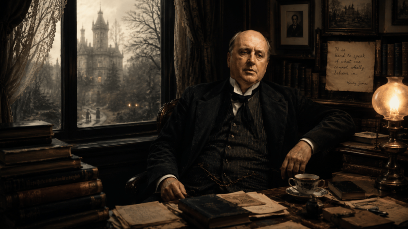 Henry James seated in a large study